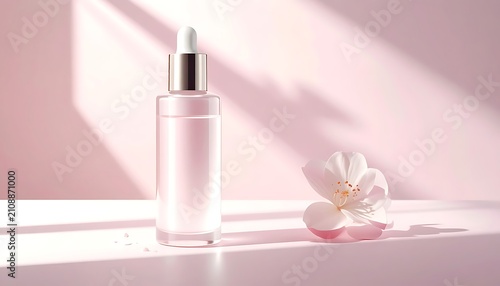 Serum bottle with flower on table.