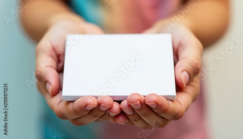 Kids' hands holding plain white rectangular container , studio shot, isolated, paper