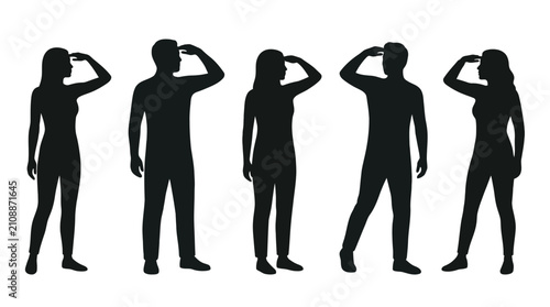 Bild auf Leinwand Silhouettes of men and women looking far away with hand on forehead