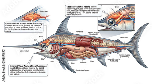 Bild auf Leinwand Detailed swordfish internal anatomy and thermal biology on a white background