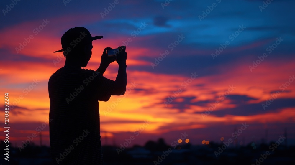 Fototapeta premium Silhouette taking photo during sunset