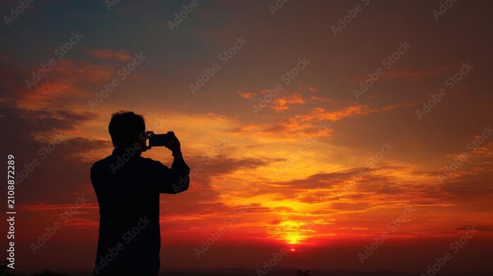 Fototapeta premium Man photographing sunset with mobile phone