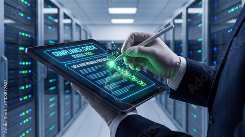 Auditor passes data governance compliance check on tablet in server room