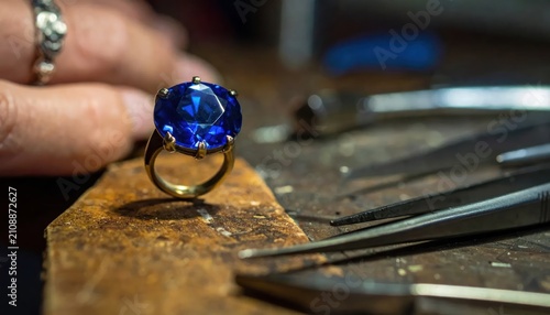 Close-up of a stunning deep blue sapphire gemstone ring with a golden band exquisitely crafted by a jeweler on a textured workbench