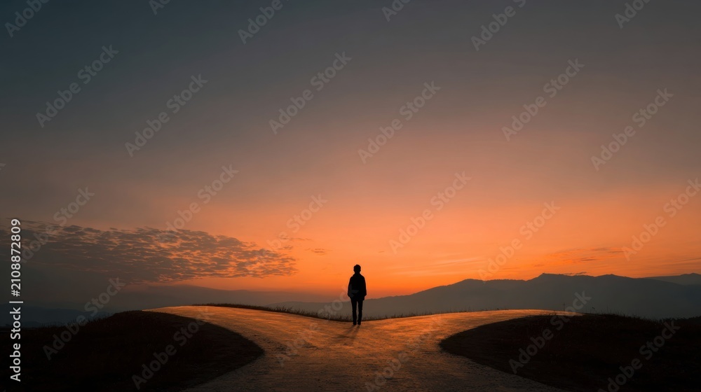 Fototapeta premium Person standing at crossroads during sunset