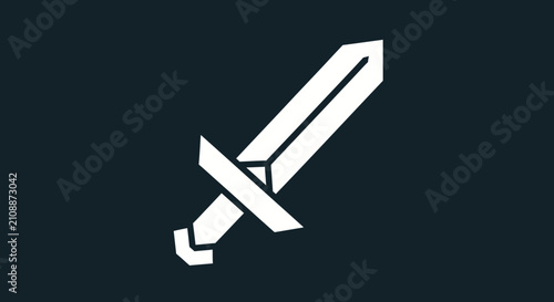 Minimalist white sword icon on dark background.