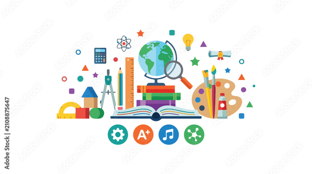 Naklejka premium This vibrant vector illustration showcases a variety of school supplies and educational icons, representing a diverse and engaging learning environment.