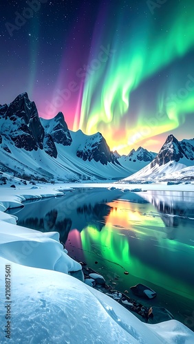 Snowy mountains reflect vibrant aurora over icy water