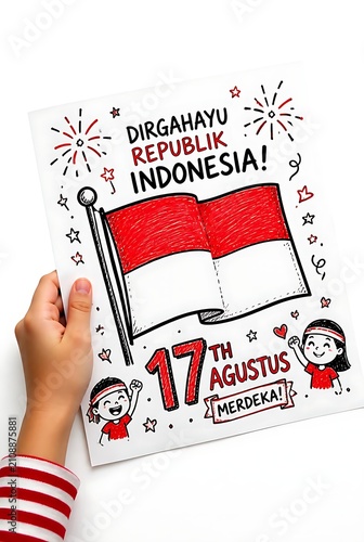 Childs Hand Holding Indonesian Independence Day Drawing with Flag and Text.