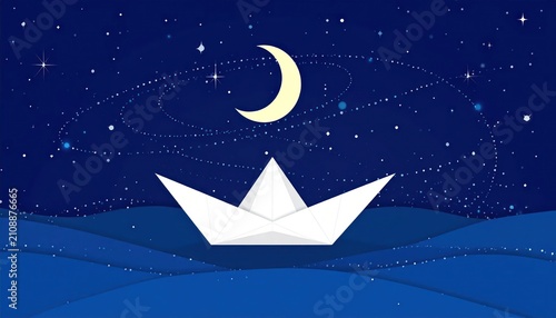 Minimalist Digital Illustration of a White Paper Boat Sailing on Blue Wavy Water at Night Beneath a Crescent Moon and Sparkling Starry Sky