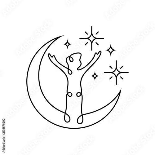 Line-art vector of boy in the moon reaching star