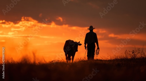 Cowboy herding cattle at sunset