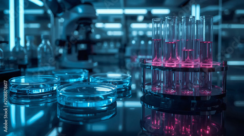 Row of glowing laboratory vials filled with colorful fluorescent liquids, highlighting advanced scientific research and technology.