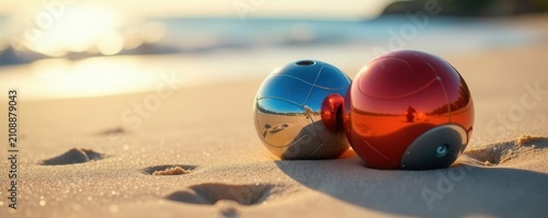 Chrome boccia balls gleam on sandy beach; bright sunlight , summer, Boccia