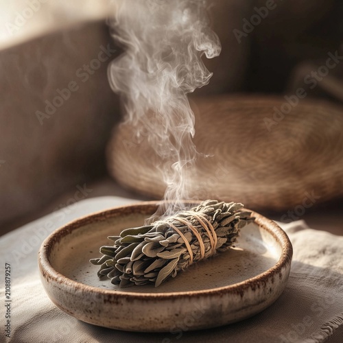Smoldering sage bundle on a ceramic dish