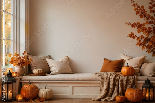 Cozy autumn halloween home warm window seat with pumpkins and fall decor