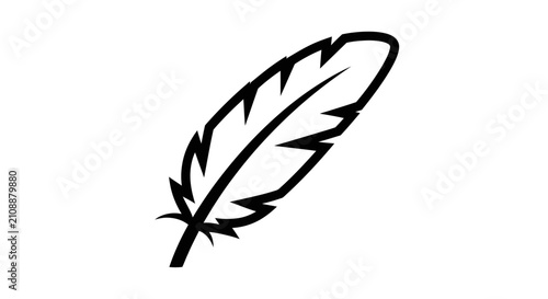Minimalist black ink feather quill line art icon.