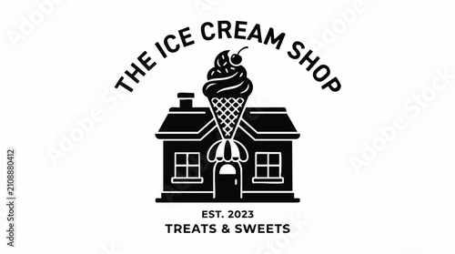 The Ice Cream Shop Vector Logo Design Featuring A Building And A Sweet Treat Icon