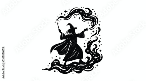 Black and white vector illustration of a wizard casting magical spells in a fantasy environment, featuring a dynamic view of mystical energy and stars.