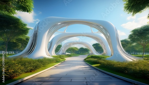 a futuristic park where a sleek white biomorphic structure with hexagonal panels arches over a pathway lined with lush green trees and lawns