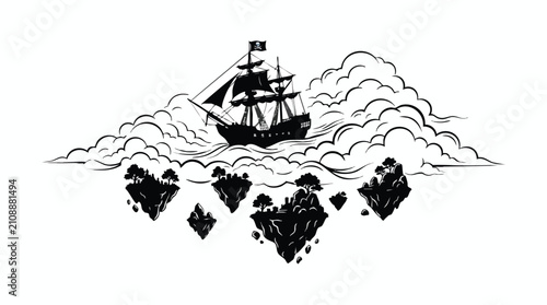 Fantasy Vector Art of a Pirate Ship Sailing Above Floating Islands in the Sky