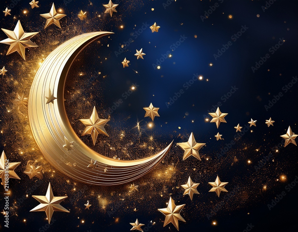 Naklejka premium gold crescent moon and stars celestial background with copy space
