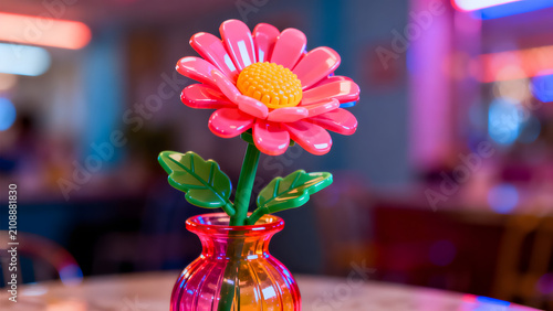 A cheap plastic flower in a garish vase, tacky aesthetic with bright colors.