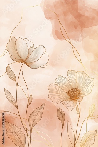 Delicate line flowers with watercolor wash background