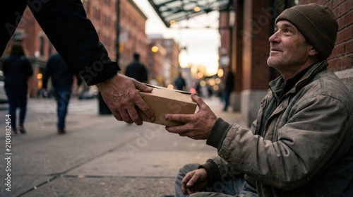 Volunteer Giving Food Box to Homeless Man on City Street, Social Support and Community Charity Concept, Hero Header Website Banner