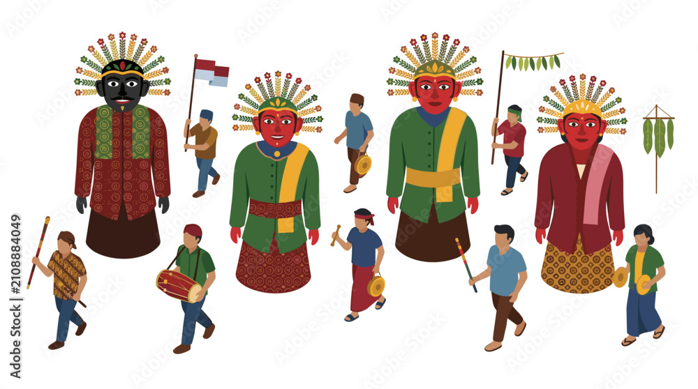 Fototapeta premium Indonesian traditional ondel-ondel puppets and festival parade illustration