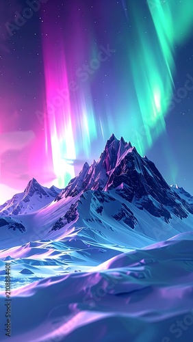 Snowy peaks beneath vibrant aurora borealis display