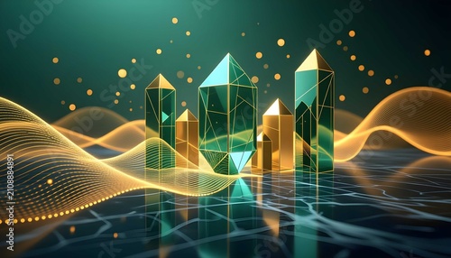 Elegant luxury bar graph display featuring emerald green glass pillars and golden fluid curves over dark marble texture