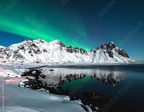 Snowy peaks under aurora borealis reflection (1)