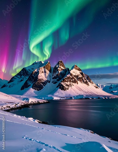 Snowy peaks under vibrant aurora borealis lights (1)