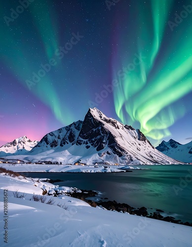 Snowy peaks under vibrant aurora borealis (7)