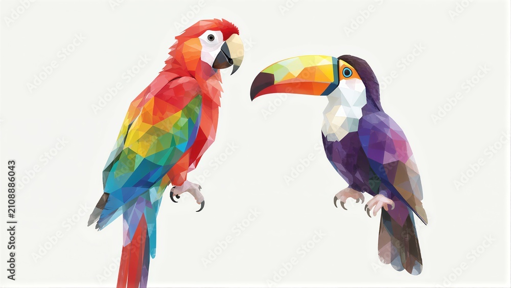 Fototapeta premium Two colorful, geometric parrots face each other against a plain background.