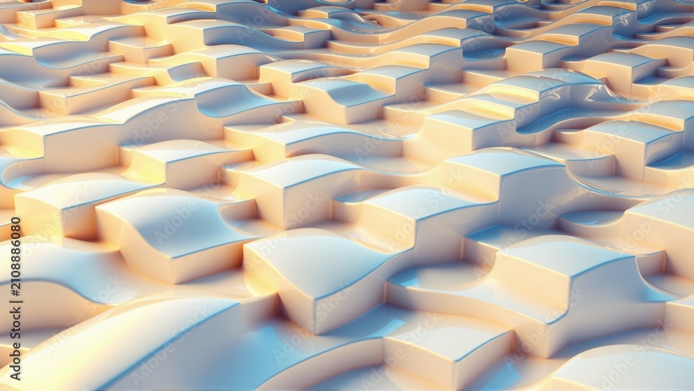 Obraz premium Abstract landscape, undulating blocks. Soft lighting creates gentle curves, warm tones dominate composition. Minimalist design, smooth surfaces.