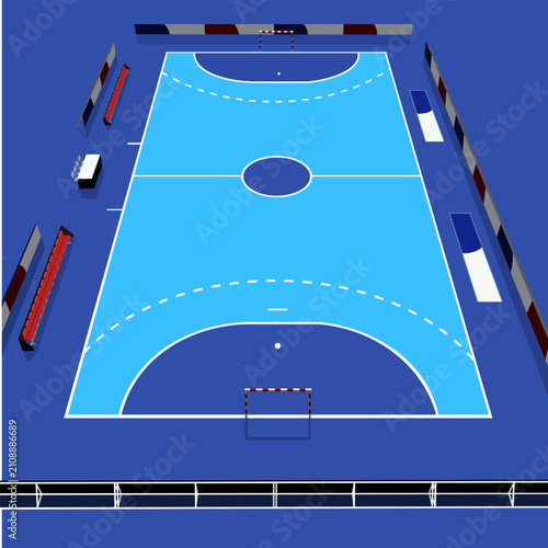 A simple illustration of an indoor futsal court with goals, seating areas, and clear field markings