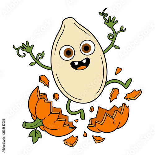 Cartoon happy pumpkin seed monster with vines breaking out of a cracked pumpkin, halloween theme.