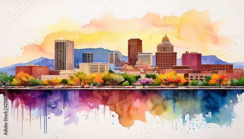 albuquerque new mexico city skyline watercolor landscape painting