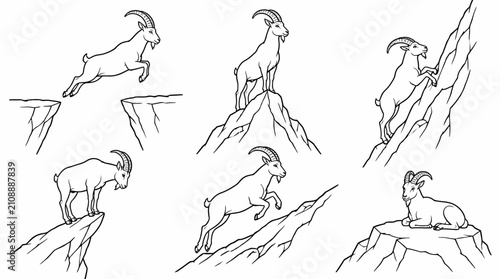 Mountain goat set climbing and jumping on rocks, minimalist line art