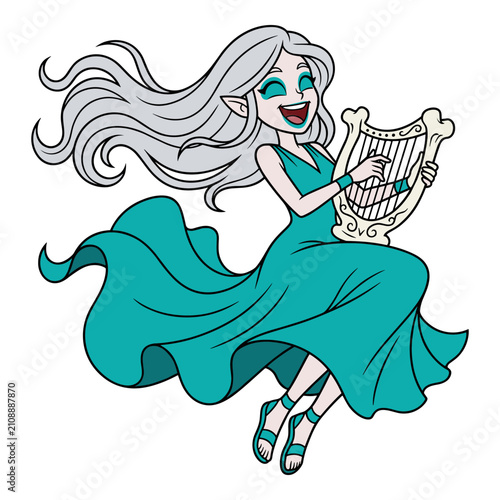 Canvastavla Beautiful banshee spirit playing bone harp and floating in teal dress