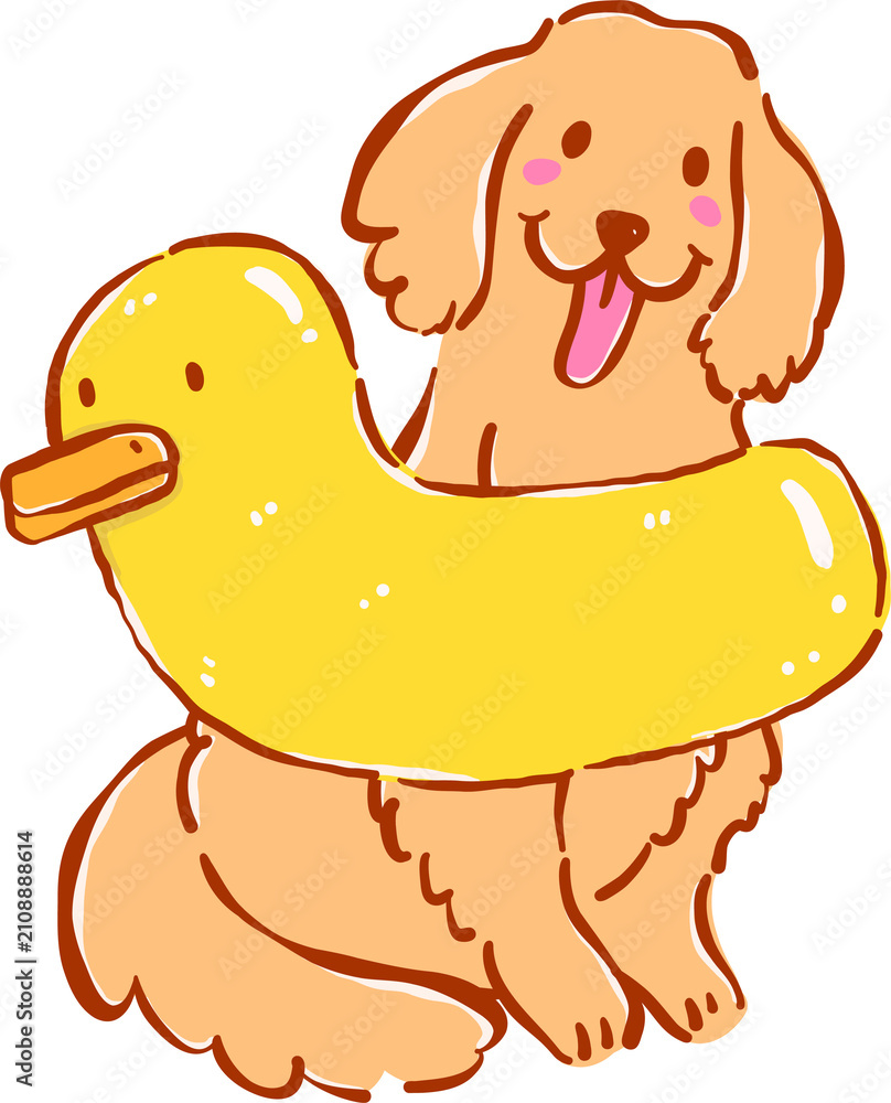Fototapeta premium Summer Dog Golden Retriever with Duck Float Whimsical Hand Drawn Cartoon Character
