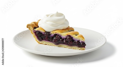 A Slice of Blueberry Bliss: A delectable slice of homemade blueberry pie, generously topped with a swirl of whipped cream, rests on a pristine white plate, inviting a taste of pure dessert heaven.