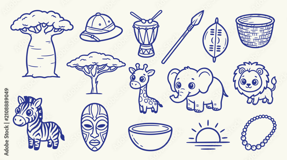 Obraz premium Collection of African safari themed illustrations including animals, trees, and cultural items.