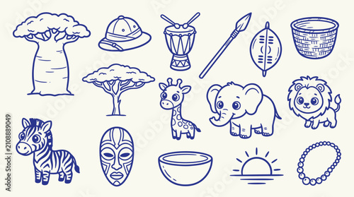 Schilderij op canvas Collection of African safari themed illustrations including animals, trees, and cultural items