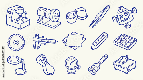 Bild auf Leinwand Collection of tools and equipment for jewelry making and repair, presented in a clean, isometric line art style