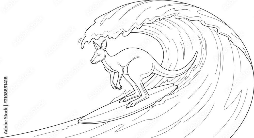 Obraz premium Kangaroo surfing on ocean wave line art illustration representing fun Australian wildlife and beach adventure