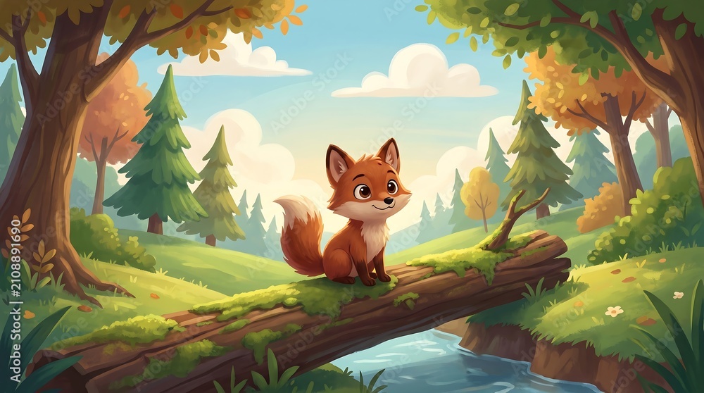 Fototapeta premium Cute cartoon fox sitting on log over river in sunny forest