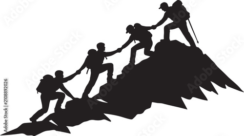 Hikers helping each other climb mountain peak teamwork silhouette vector